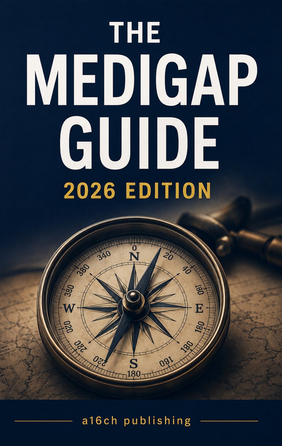 Cover of The Medigap Guide, 2026 Edition, showing a brass compass on an old map, published by a16ch publishing